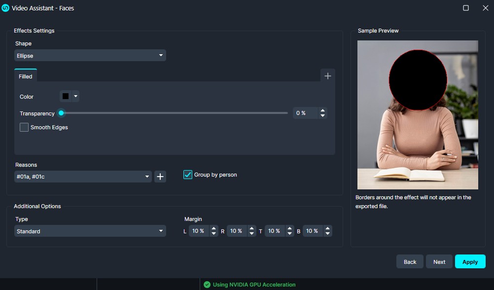 Filled | CaseGuard UI screenshot of Video Assistant - Faces settings (ellipse mask, filled) with a sample preview showing a black circular mask over a person’s face for privacy.