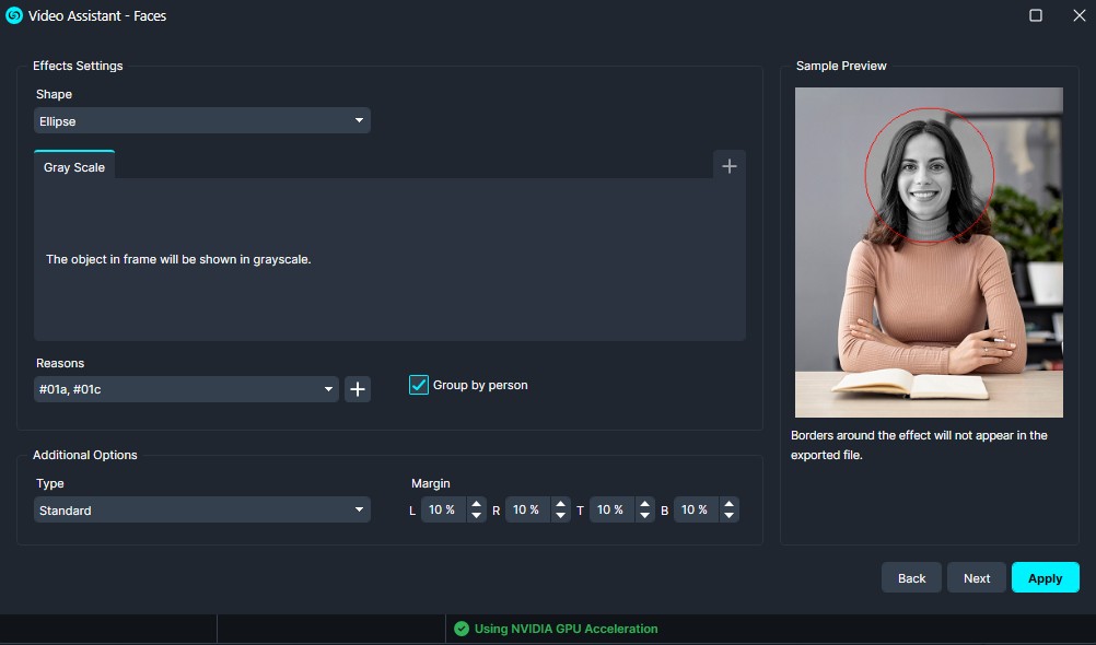 Gray | CaseGuard UI for face effects: ellipse shape with grayscale option; preview shows a woman with a red circular outline around her head in the frame.