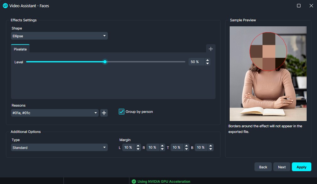 Pixelate | CaseGuard Video privacy tool interface showing face pixelation settings (ellipse shape, level 50%) and a preview with a pixelated circular mask, framed in red edge over a person's face, with a sample image on the right.