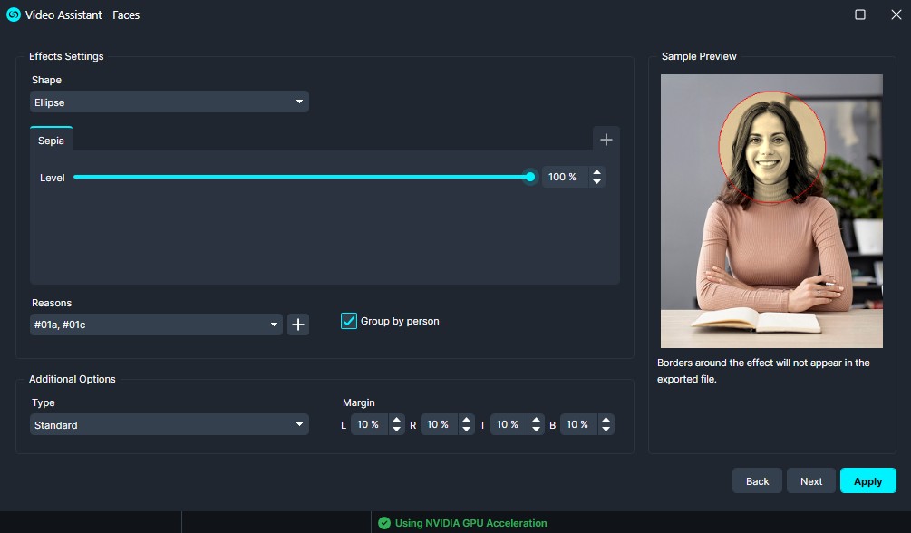 Sepia | CaseGuard Video editing UI showing a 'Faces' effect panel: ellipse shape with 100% level, reasons by color, and a sample preview of a woman outlined in red.