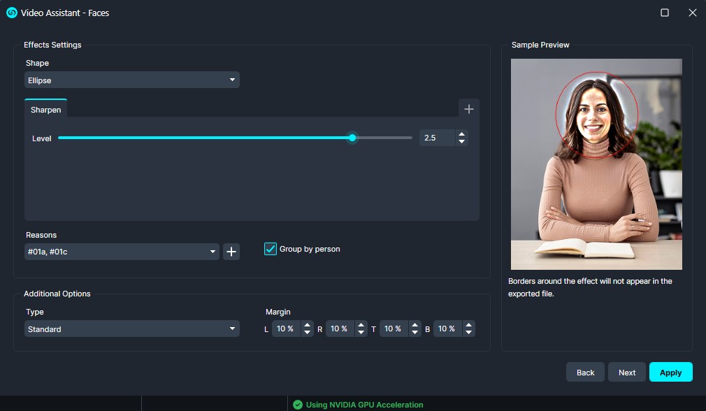 Sharpen | CaseGuard UI for 'Video Assistant – Faces' showing an ellipse face outline, sharpen level slider at 2.5, reasons selector, and a sample preview of a smiling woman on the right.