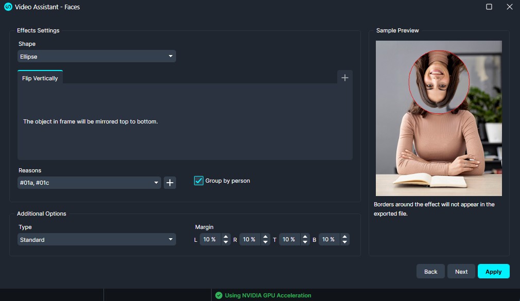 Vertical | CaseGuard UI for a video effect editor with an Ellipse shape; option to Flip Vertically and a note that the object in frame will be mirrored top to bottom.