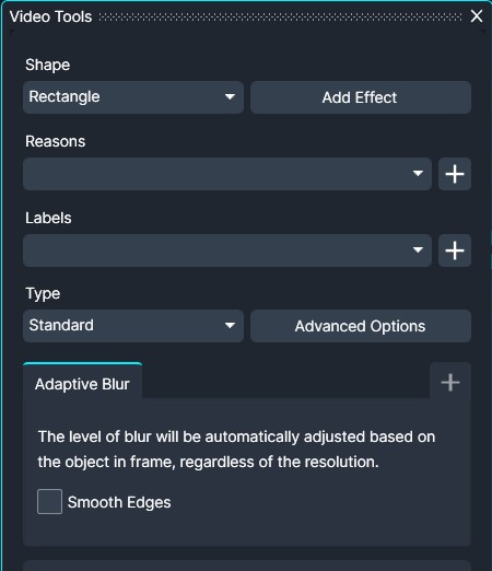 Video Tools | CaseGuard Video Tools panel showing a Rectangle shape with an Add Effect button, dropdowns for Reasons and Labels, Type set to Standard with Advanced Options, and an Adaptive Blur section describing automatic blur adjustment with a Smooth Edges checkbox.