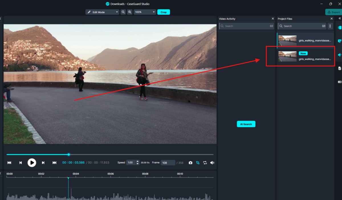 Video editing UI showing a lakeside mountain scene in the preview; right panel lists clips with one selected marked New.