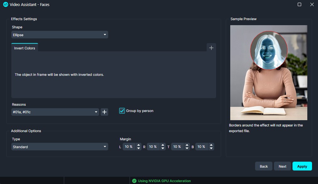 invert | CaseGuard Settings panel for face effects (ellipse shape, invert colors) with a preview showing a woman outlined by a red circular head area.