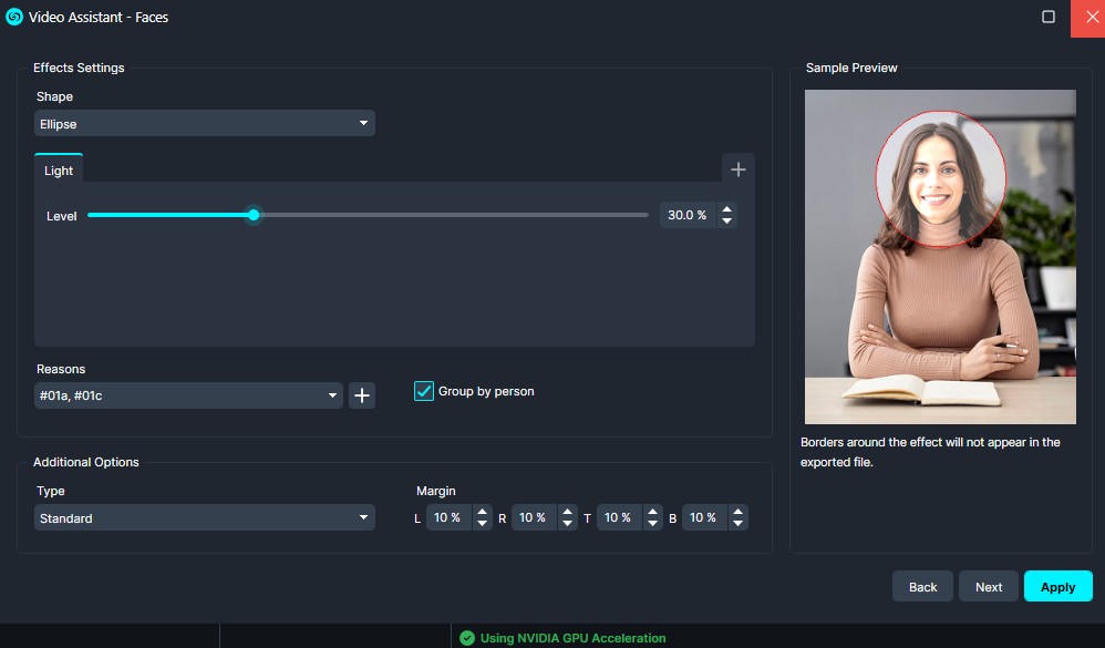 light | CaseGuard Screenshot of the Video Assistant — Faces interface with ellipse shape, light Level 30%, grouping by person, and Apply button in the lower-right corner.