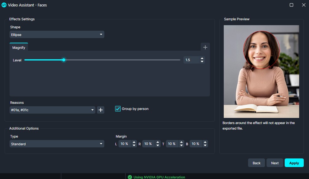 magnify | CaseGuard UI screenshot of Video Assistant - Faces settings: Ellipse shape, Magnify option, Level 1.5, group by person; sample preview shows a circled face on a woman.