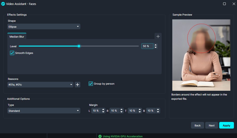median blur | CaseGuard Screenshot of a video privacy tool applying a face blur: an ellipse blur around a blurred person in the sample preview, with settings for level and smooth edges on the left panel.