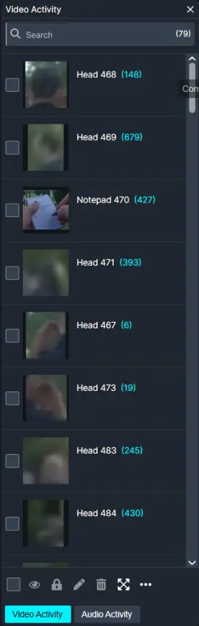 video | CaseGuard Video activity panel in a dark UI listing items like Head 468, Head 469, Notepad 470 with small thumbnails, checkboxes, and a search bar at top.