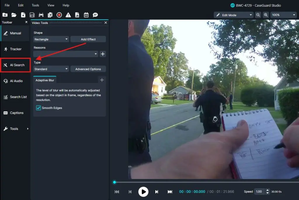Screenshot of video editing software UI with AI Search highlighted in the left toolbar and video preview on the right.