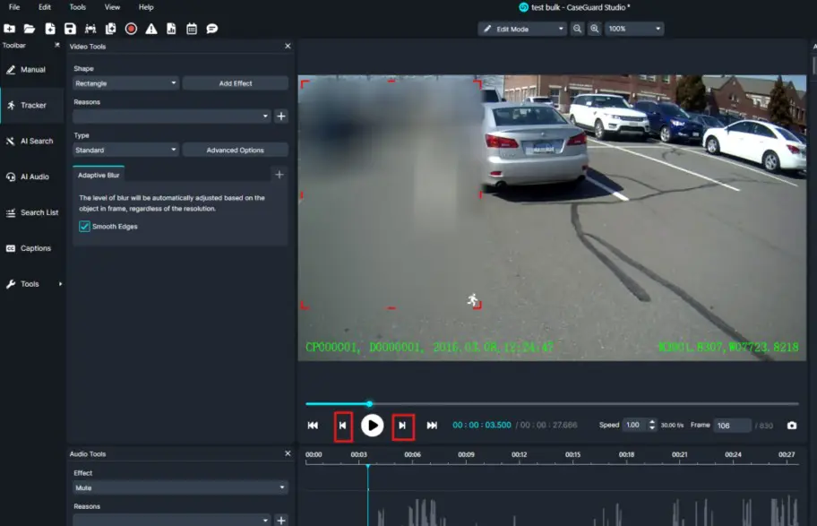 Screenshot of video editing software showing a parking lot video with a blurred left region and playback controls in the bottom panel.