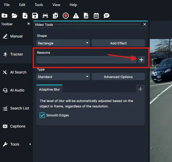 Panel showing 'Reasons' input with a plus button in a video effects tool.