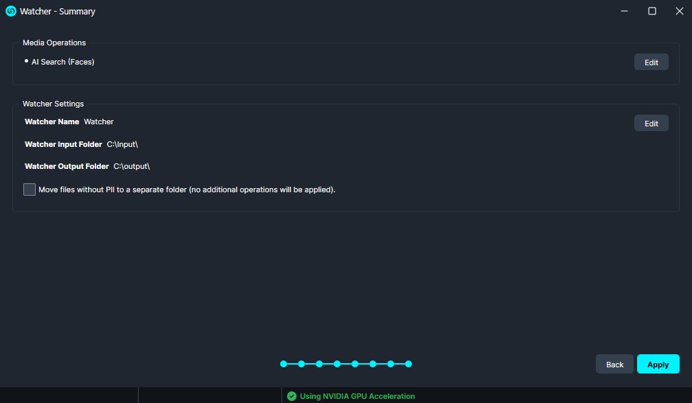 AI-search-watcher | CaseGuard Watcher app: Summary screen in dark theme showing AI Search (Faces) under Media Operations, with watcher name and input/output folders and an Apply button; Move files without PII checkbox is visible.