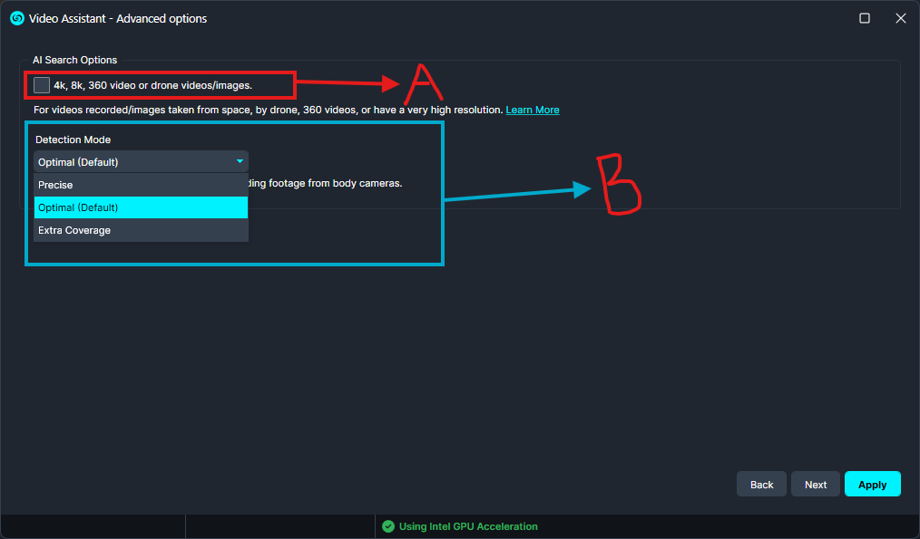 Video Assistant Advanced options screen with a checkbox for 4k/8k/360 video or images and a Detection Mode dropdown set to Optimal (Default).