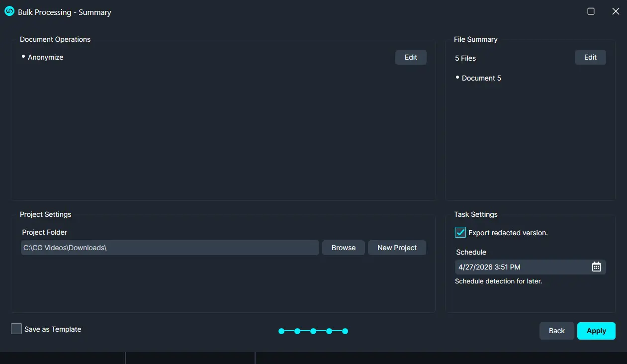 Bulk Processing UI: Anonymize option selected; 5 files listed; project folder path shown; export redacted version enabled; scheduled date set; Apply button visible.