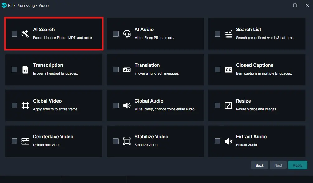 Screenshot of a Bulk Processing - Video UI showing processing options; AI Search tile is highlighted with a red border (other options: AI Audio, Search List, Transcription, Translation, Closed Captions, Global Video/Audio, Resize, Deinterlace, Stabilize, Extract Audio).