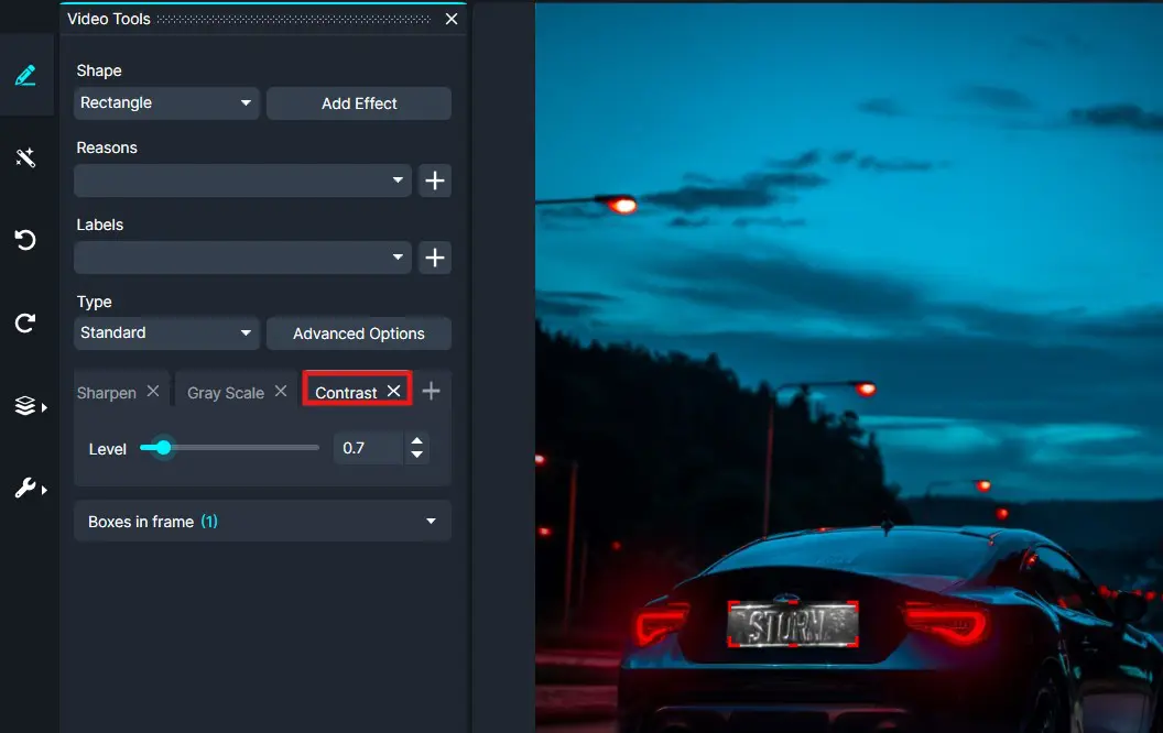 Contrast | CaseGuard Screenshot of a video editor showing a blue-toned car image on the canvas and editing controls (Shape, Reasons, Labels, Type, and Contrast) in the left panel.