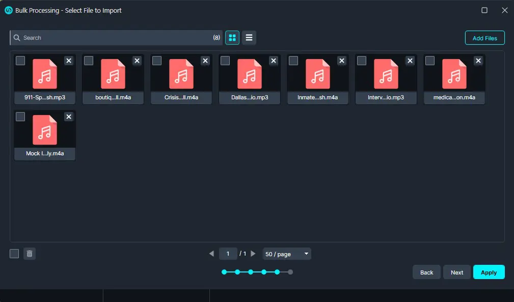 Bulk Processing import window with eight MP3 files displayed for selection
