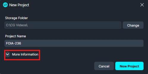 New Project dialog showing the storage path, project name FOIA-236, a Change button, and a collapsible More Information section with Cancel and New Project buttons visible.