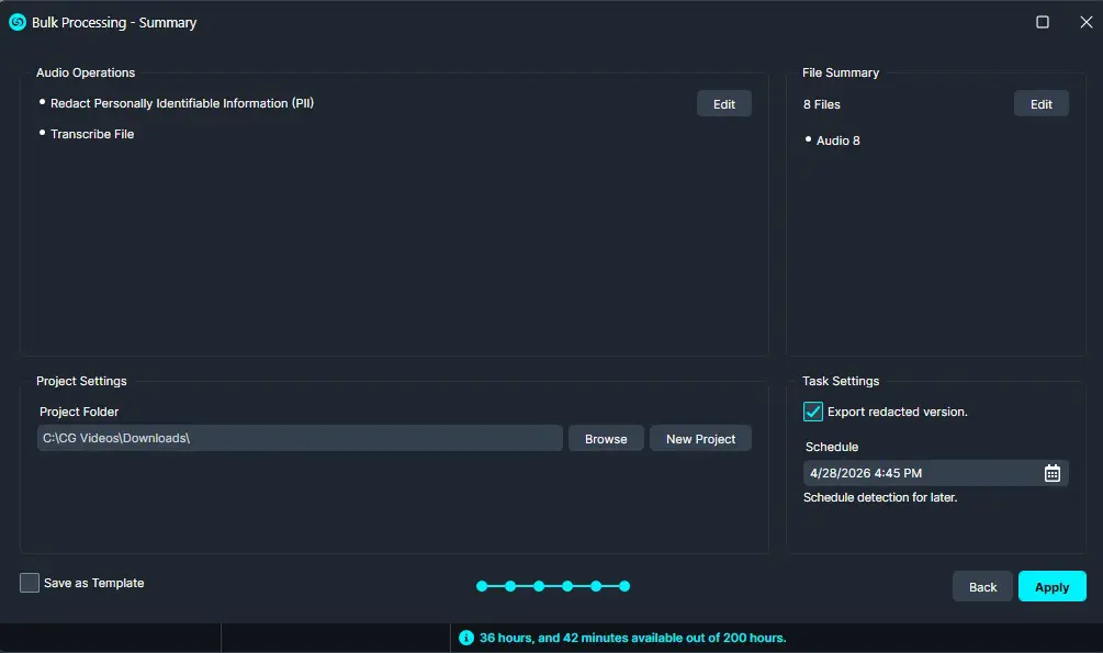 Bulk Processing - Summary window showing Audio Operations (Redact PII and Transcribe File) with Edit buttons and a File Summary panel on the right.