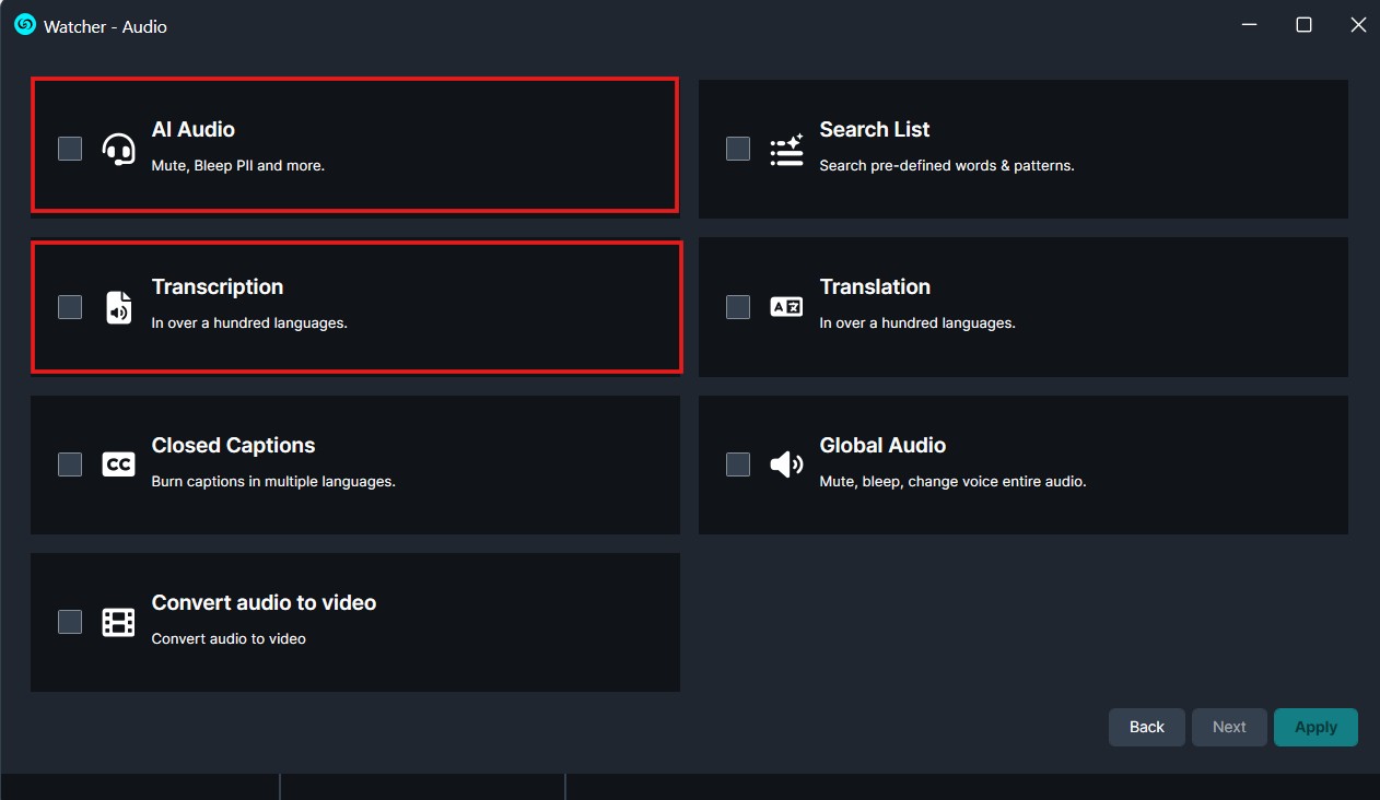 UI grid of audio tools including AI Audio, Transcript, Search List, Translation, Closed Captions, Global Audio, and Convert audio to video.