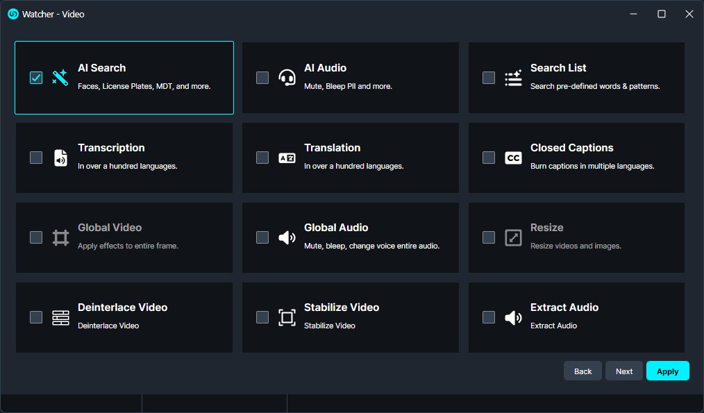 Watcher-Video-Ai-Search | CaseGuard Video processing options panel in a dark UI; AI Search is selected among options like AI Audio, Transcription, and Translation.