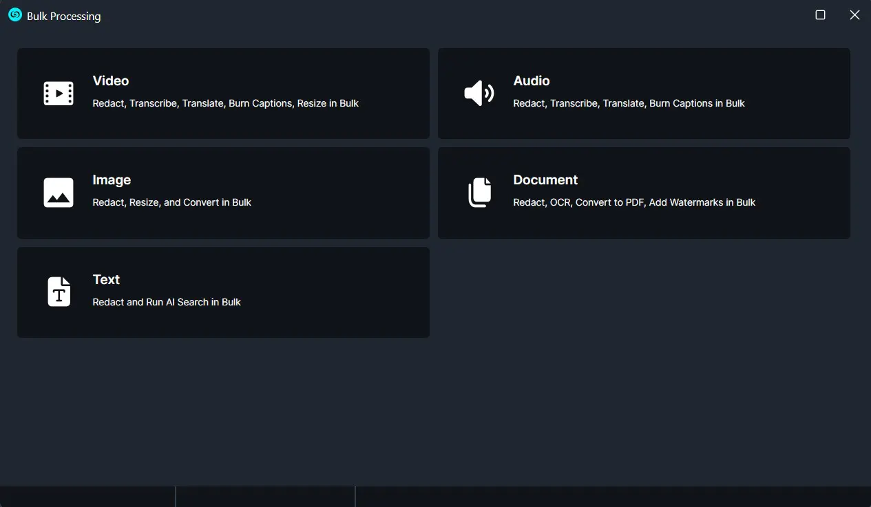 Bulk Processing dashboard with tiles for Video, Audio, Image, Document, and Text processing options on a dark UI.