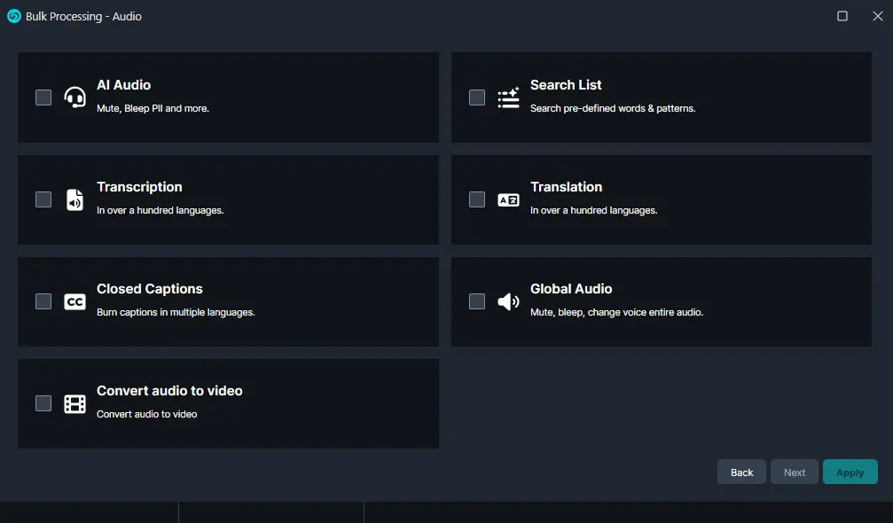 Bulk Processing - Audio UI showing seven feature tiles: AI Audio, Search List, Transcription, Translation, Closed Captions, Global Audio, Convert audio to video.