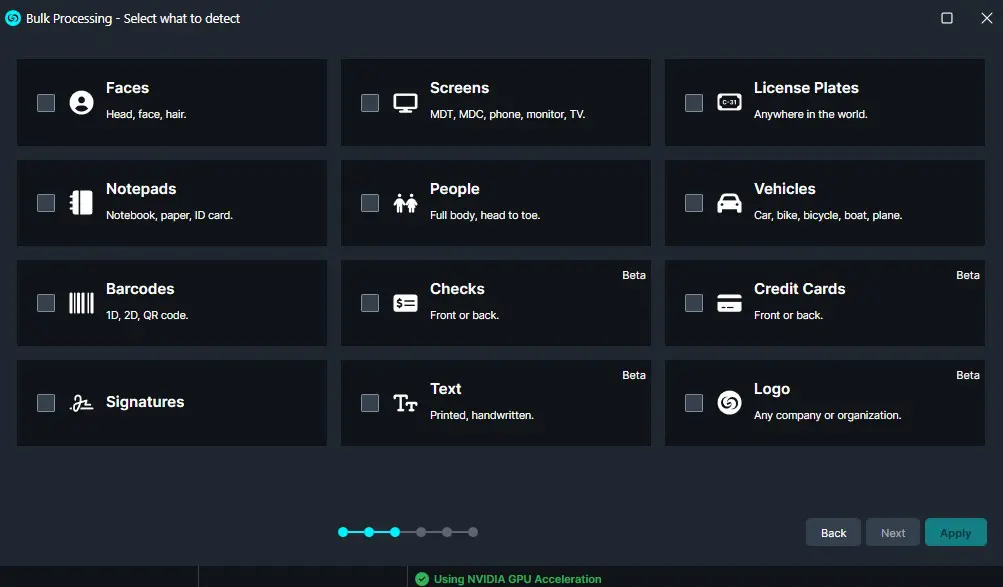 Bulk Processing screen with a 3x4 grid of detection targets and checkboxes: Faces, Screens, License Plates, Notepads, People, Vehicles, Barcodes, Checks, Credit Cards, Signatures, Text, and Logo.