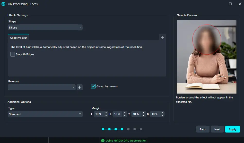 Screenshot of a photo editor's 'Faces' blur settings: ellipse shape with adaptive blur, sample preview shows a blurred person inside a red circle; options include 'Group by person' and 'Apply' button.