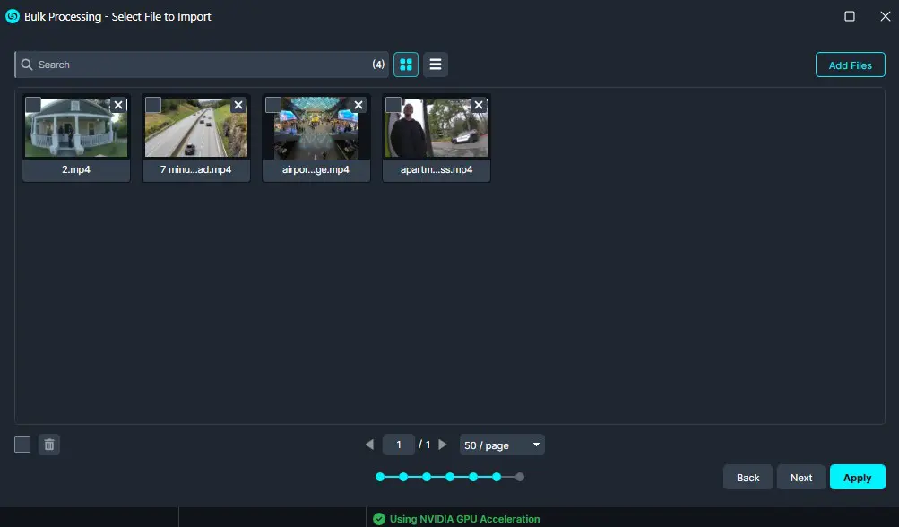 Bulk Processing import dialog showing four video files in a row with remove buttons, a search field, and Add Files button.