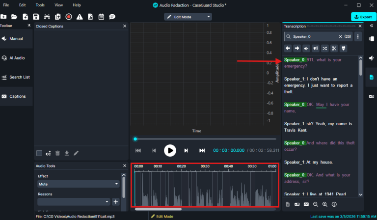 Screenshot of an audio transcription/editor UI: waveform and timeline with playback controls, transcript chat on the right, and panels on the left.