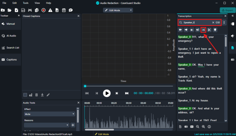 Screenshot of an audio transcription editor with waveform, playback controls, and a right-side transcript pane showing highlighted speaker text.