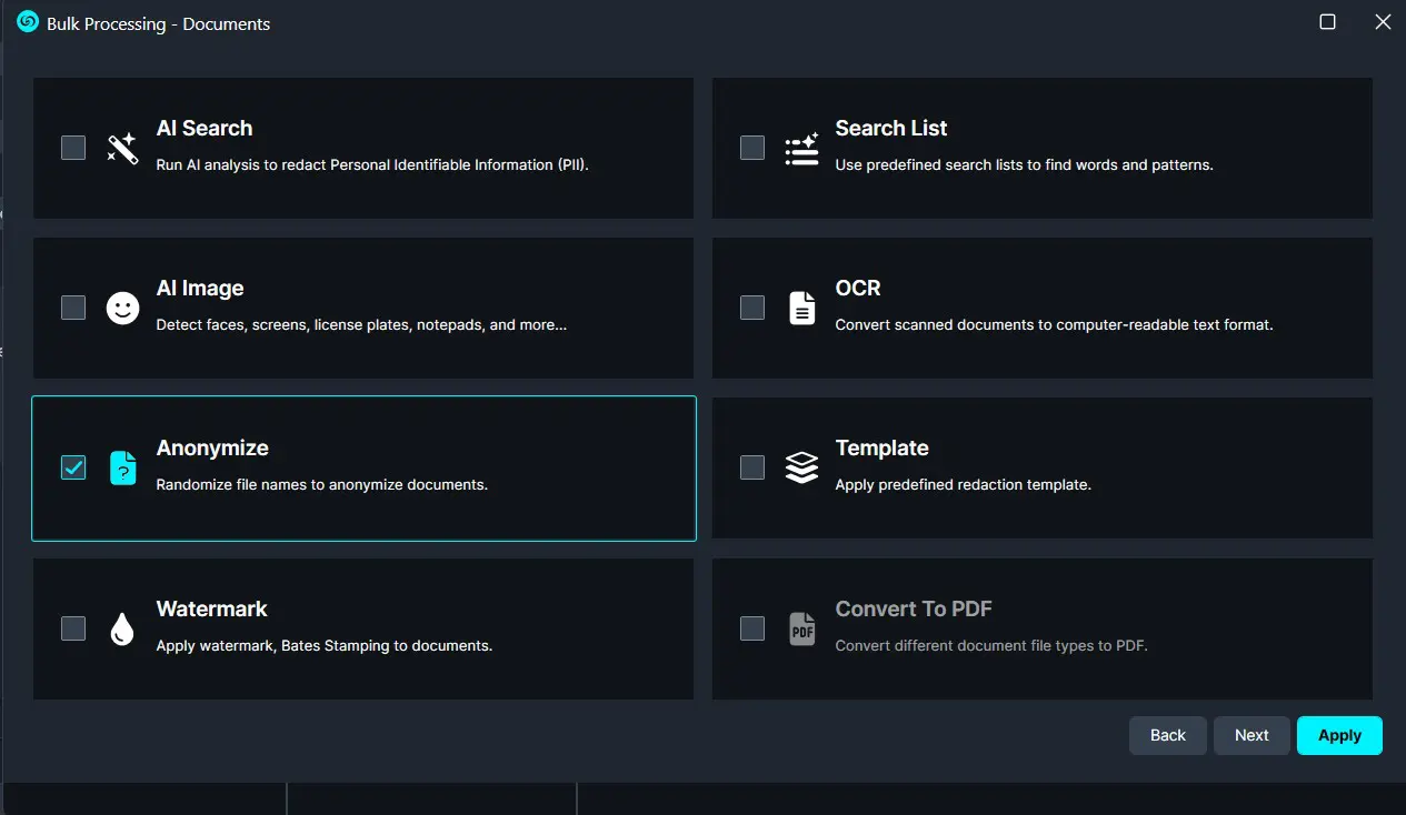 Bulk Processing: a dark UI grid of eight document tools with Anonymize selected and Back/Next/Apply controls nearby.