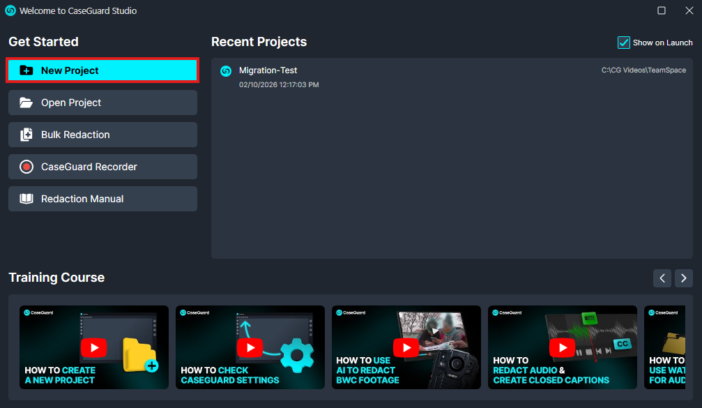 CaseGuard Studio welcome screen with left navigation and 'New Project' highlighted in cyan on the first option.