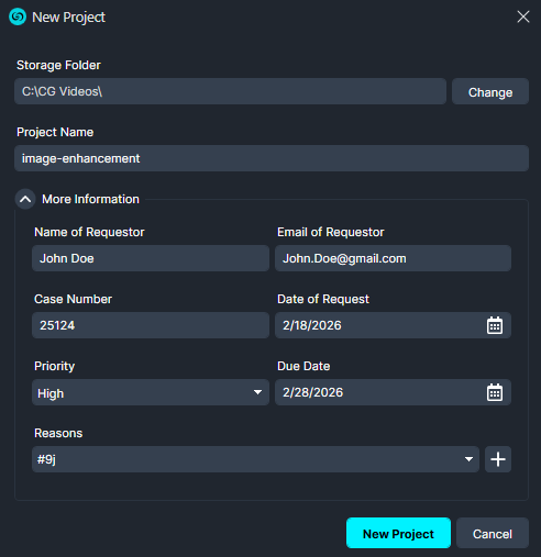 requestor | CaseGuard Dialog for creating a new project with fields for storage path, project name, requester name/email, case number, request date, priority, due date, and reasons; includes New Project and Cancel buttons.