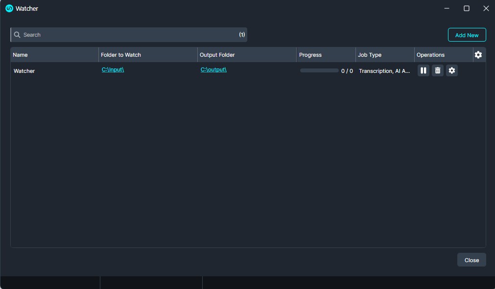 Dark Watcher app window with a single task named 'Watcher', showing Source: C:Input and Destination: C:Output, progress 0/0, and action icons (pause, delete, settings).