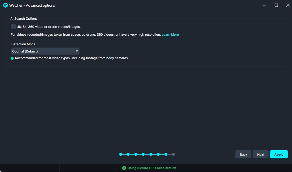 watcher-advanced | CaseGuard Watcher Advanced Options: AI search checkbox, Detection Mode: Optimal (Default), green status dot, Back/Next/Apply buttons, GPU acceleration indicator at bottom.