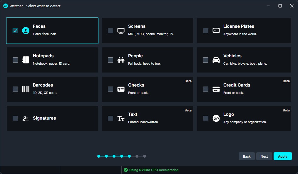 watcher-faces | CaseGuard Watcher app: select detection categories. Grid shows Faces (selected), Screens, License Plates, Notepads, People, Vehicles, Barcodes, Checks, Credit Cards, Signatures, Text, and Logo.