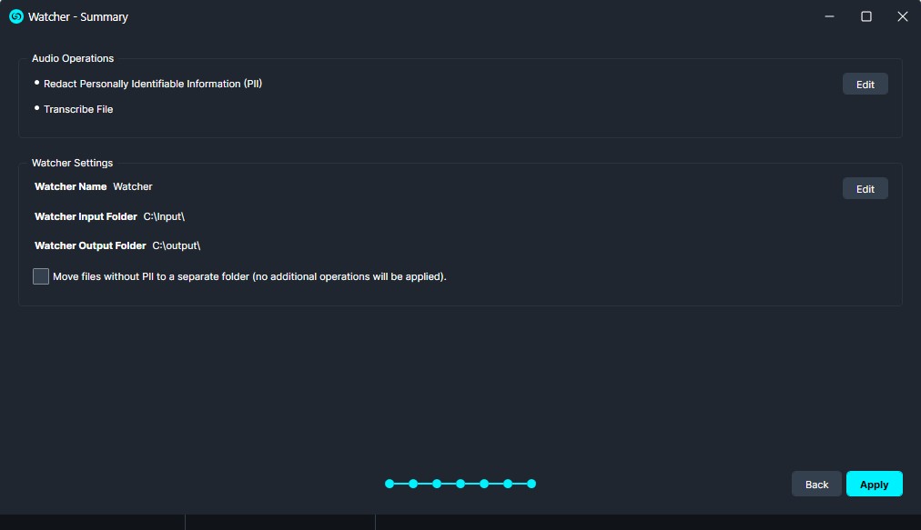 Settings window for Watcher: Audio Operations and Watcher Settings with input/output folders and Edit/Apply buttons in a dark theme.