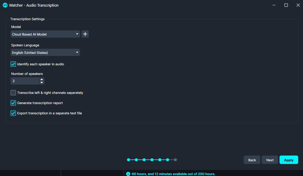 Watcher Audio Transcription Settings: AI model Cloud Based; language English (US); identify speakers enabled with 2 speakers; generate report and export transcription to text file enabled; left/right channel transcription disabled.