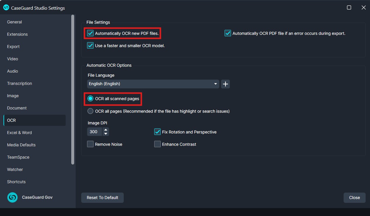 OCR-Settings | CaseGuard CaseGuard Studio OCR settings window showing 'OCR all scanned pages' selected with other options enabled (auto OCR on new PDFs, auto on export error).