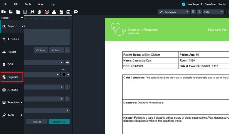 Organize-Pages | CaseGuard Screenshot of a desktop editor: left panel highlights 'Organize', right shows a medical form preview with a green header from Southern Regional Hospitals.