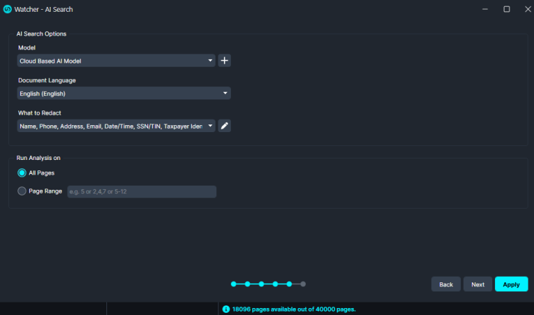 Select-All | CaseGuard Screenshot of the Watcher AI Search settings panel: model dropdown set to 'Cloud Based AI Model', language 'English', and fields for what to redact (Name, Phone, Address, Email, Date/Time, SSN/TIN, Taxpayer Id); Run Analysis on set to 'All Pages' with a progress indicator at the bottom and a footer showing '180096 pages available out of 40000 pages'.