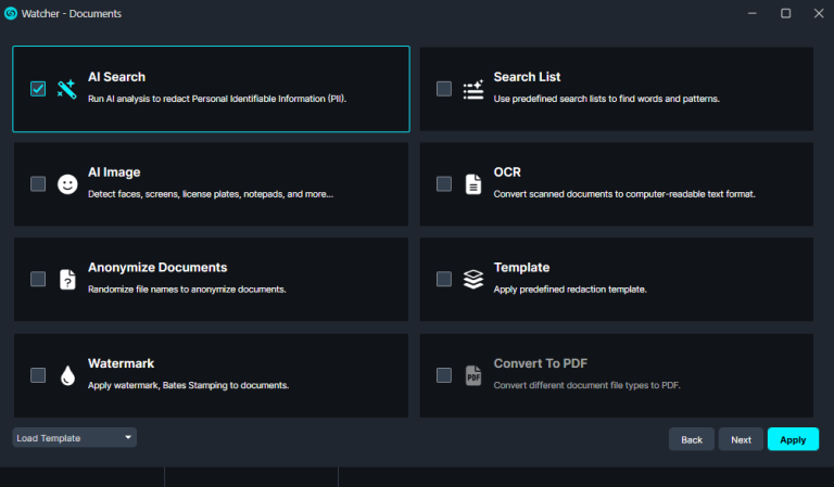 ai-search | CaseGuard Dashboard of a document-processing app showing feature tiles: AI Search, Search List, All Image, OCR, Anonymize Documents, Template, Watermark, and Convert To PDF with a dark UI theme.