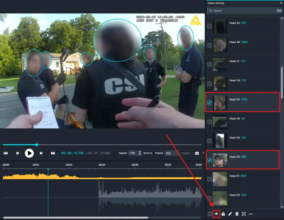 Video editing interface with people in a street scene; faces blurred inside blue circles, timeline and waveform visible.