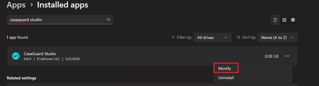 CaseGuard Studio entry in Installed apps with a Modify option (and Uninstall in the dropdown).