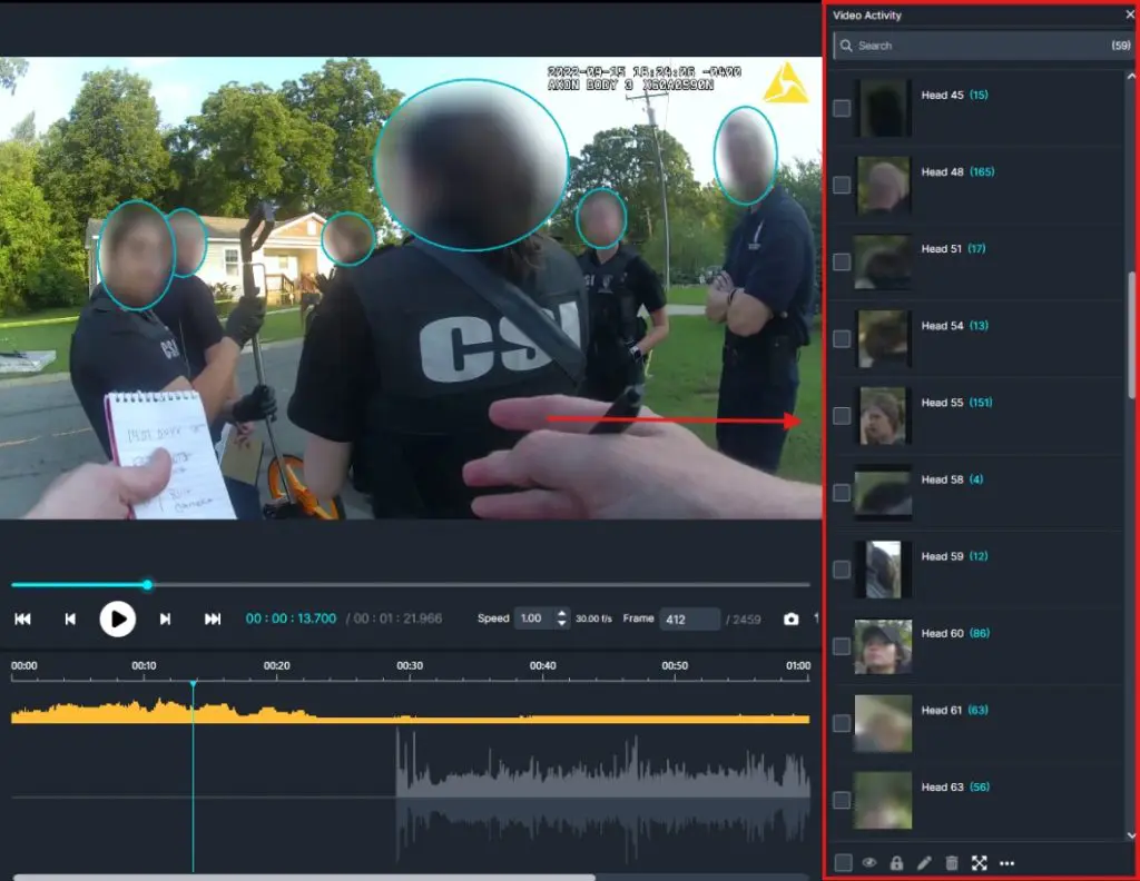 Video still showing detected faces outlined with blue circles during an on-screen analysis panel next to the video timeline and waveform data.