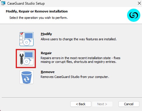 CaseGuard Studio Setup dialog with Modify, Repair, and Remove options; Repair is highlighted to fix installation errors.