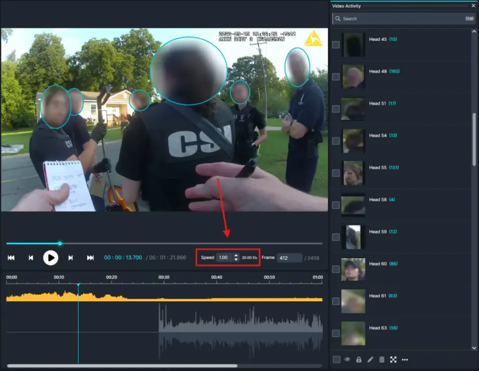 Video editing interface showing a group of people with blurred faces and blue selection circles, a timeline with audio waveform, and a speed control set to 1.0x on the lower panel.